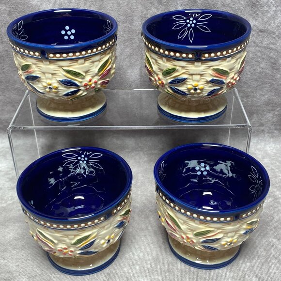 4 Temp-Tations Old World Blue 8Oz Ceramic Basketweave Pedestal Cups Set - Picture 3 of 10